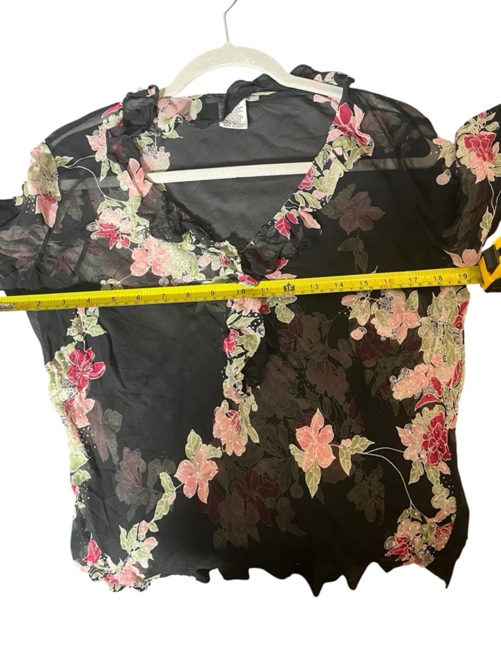 Vintage Y2K Silk Sheer Floral Blouse Black Pink Romantic Tie Front Size L - Picture 4 of 5